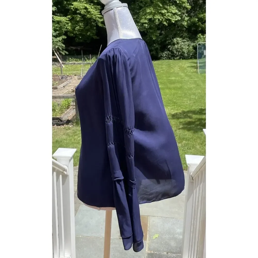 Parker Women 100% Silk Blouse Round Neck Tiered Sleeves Career Wear Navy Blue S - Picture 5 of 11